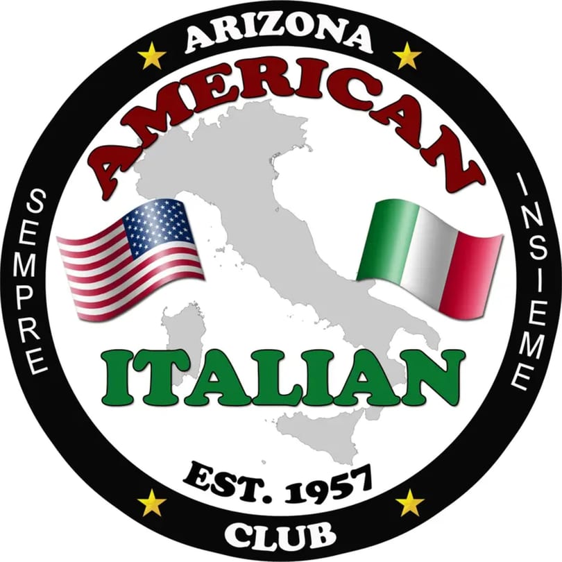 Circular logo for Arizona American Italian Club, featuring US and Italian flags over Italy's map.